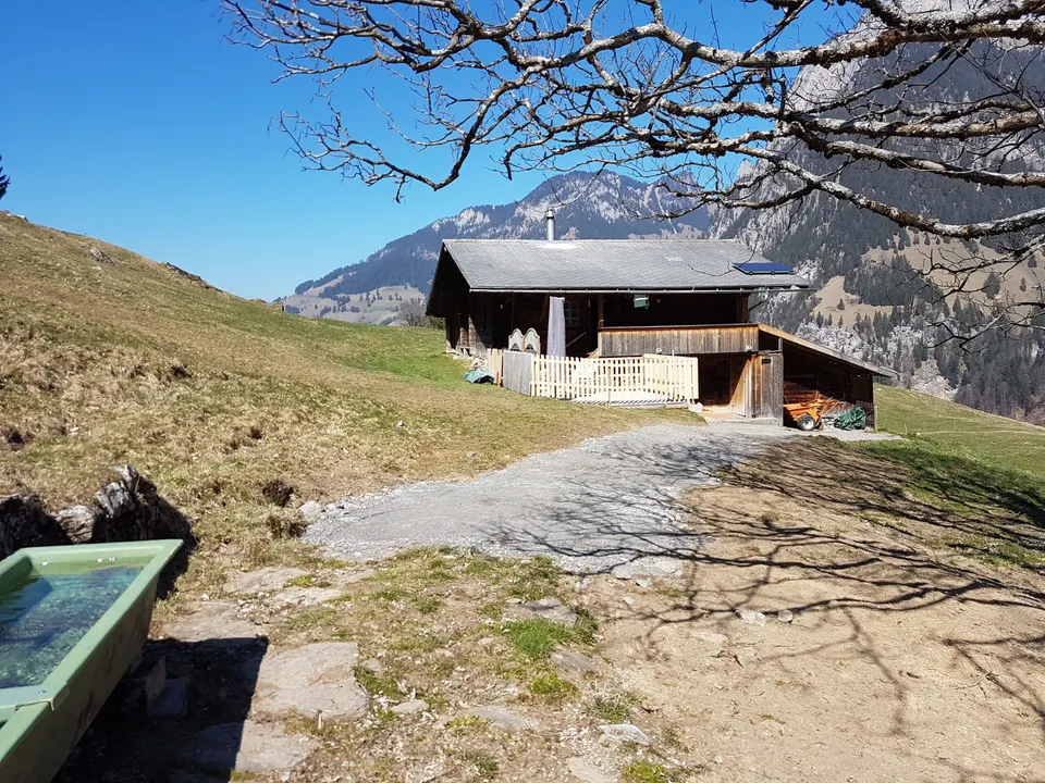 Hütte mit Solarpanel auf dem Dach, Holzzaun und Kiesplatz, vorne ein Brunnentrog